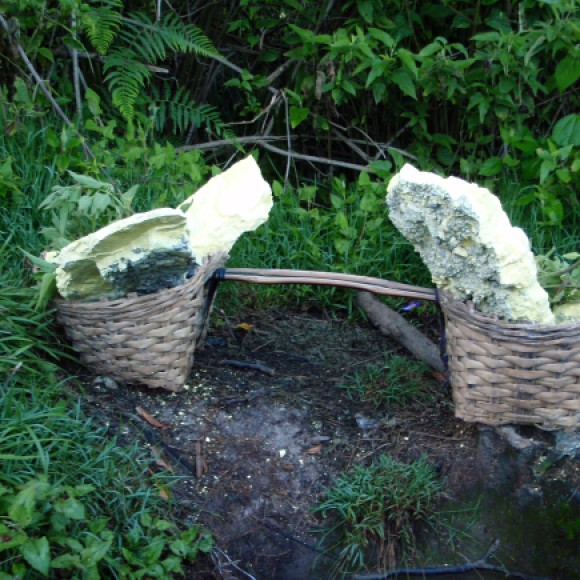 Hiking up to a sulfur mine in Ijen - workers carried baskets of sulfur like this 5k up and down the mountain